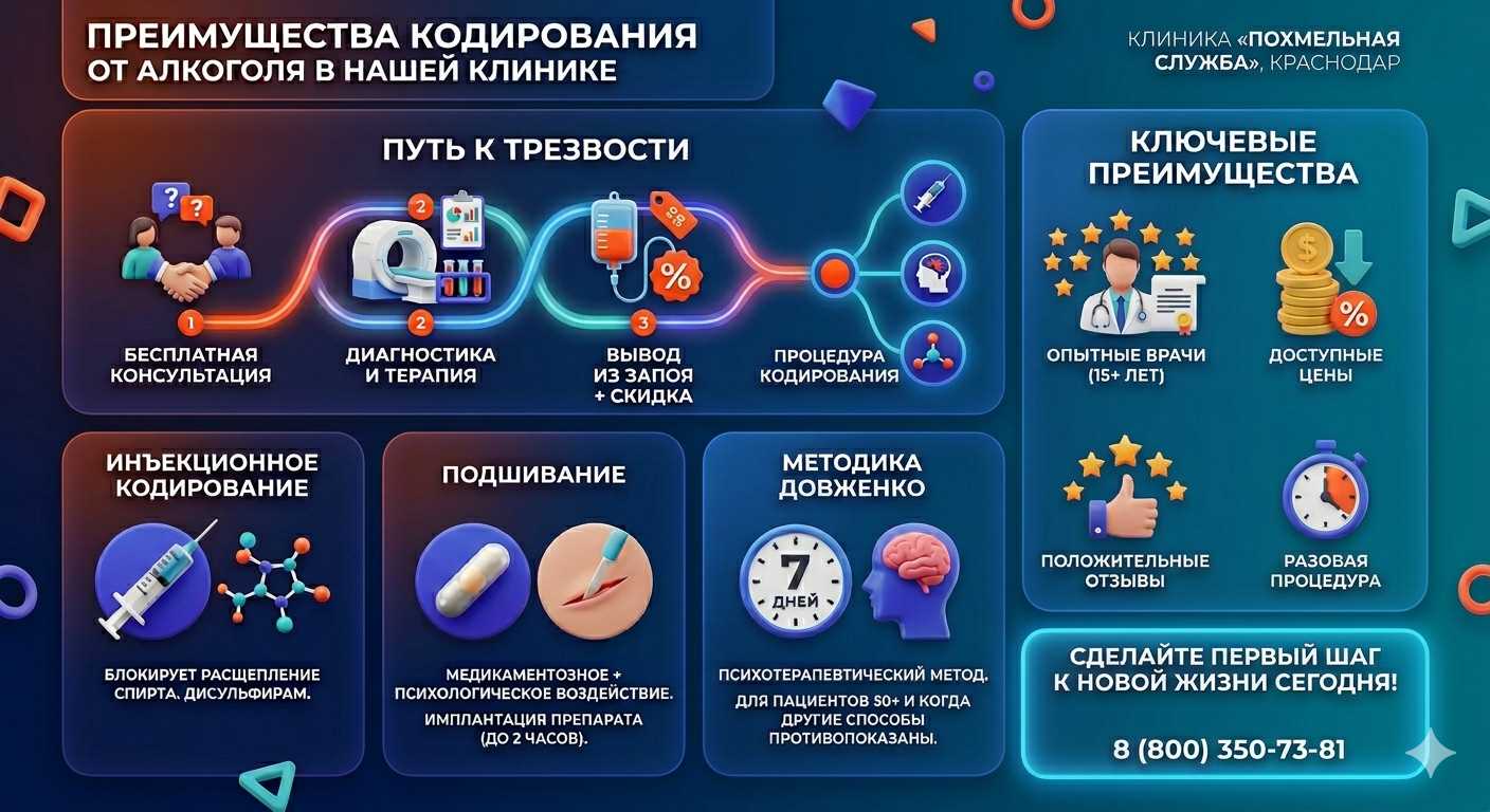 Инфографика о методах кодирования от алкоголя в Акше: инъекции, подшивание, метод Довженко. Преимущества клиники и этапы лечения.