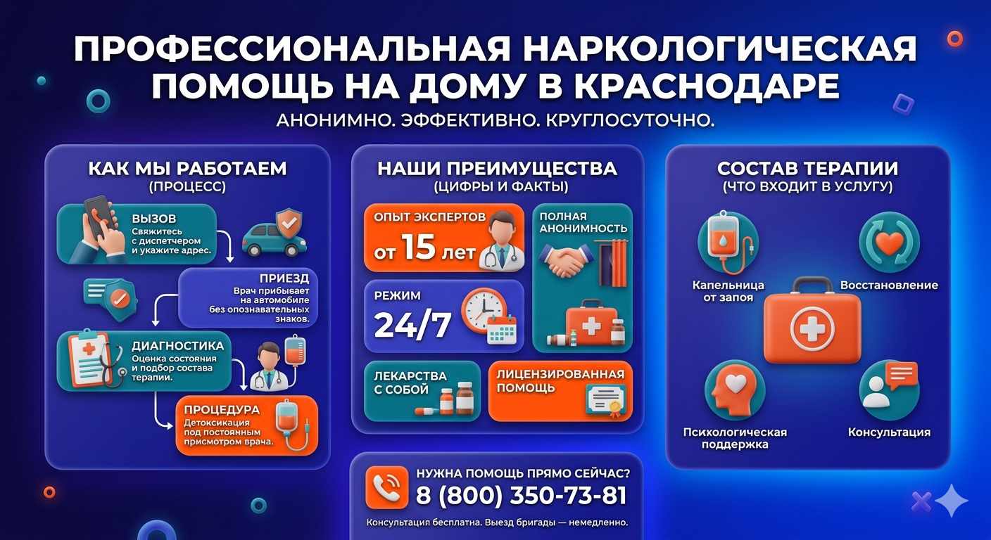 Инфографика о принципах лечения алкоголизма на дому в Акше: этапы вызова нарколога, преимущества анонимной детоксикации и состав медицинской помощи.